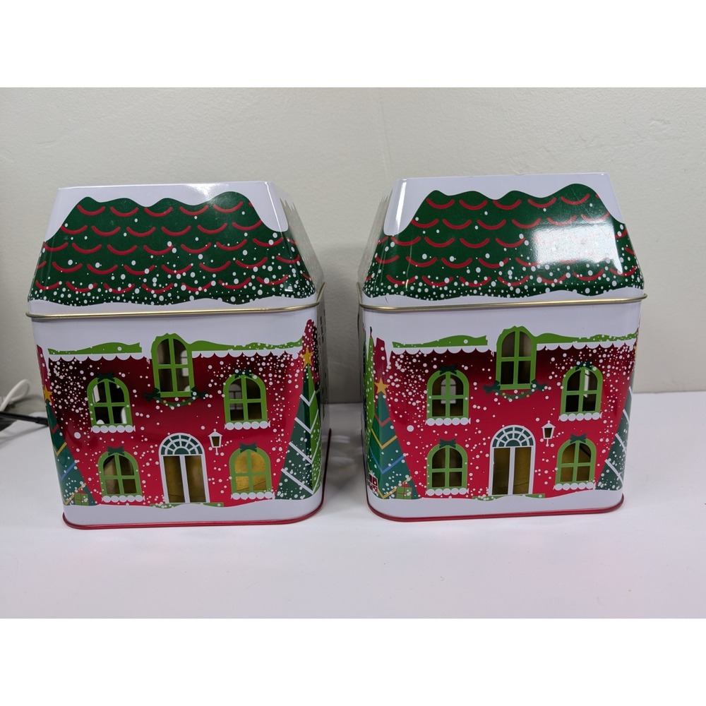 PartyLite Winter Village 3 Wick Candle Jar Tin unused Christmas Display Set Of 2